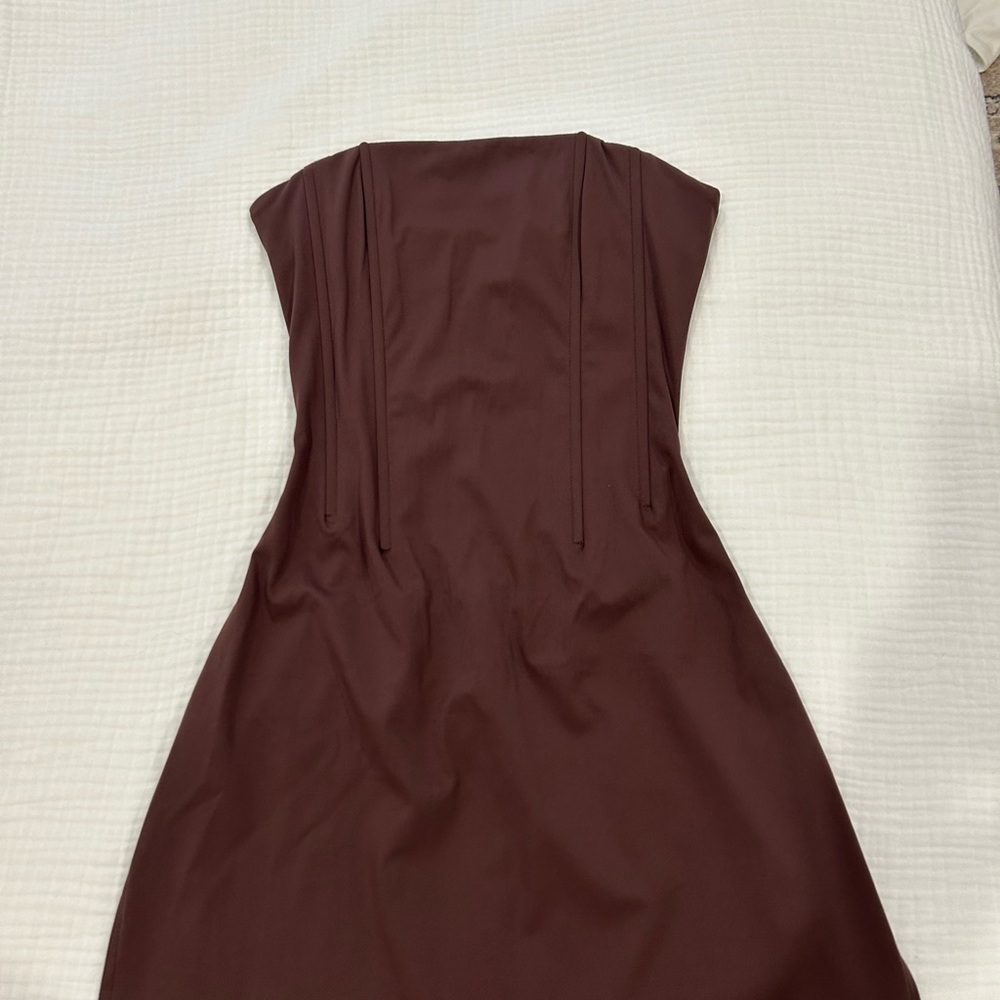 White Fox Boutique Chocolate Brown Strapless Sheath Dress
